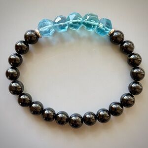 Black Onyx and Blue Green Topaz  Handcrafted Beaded Bracelet